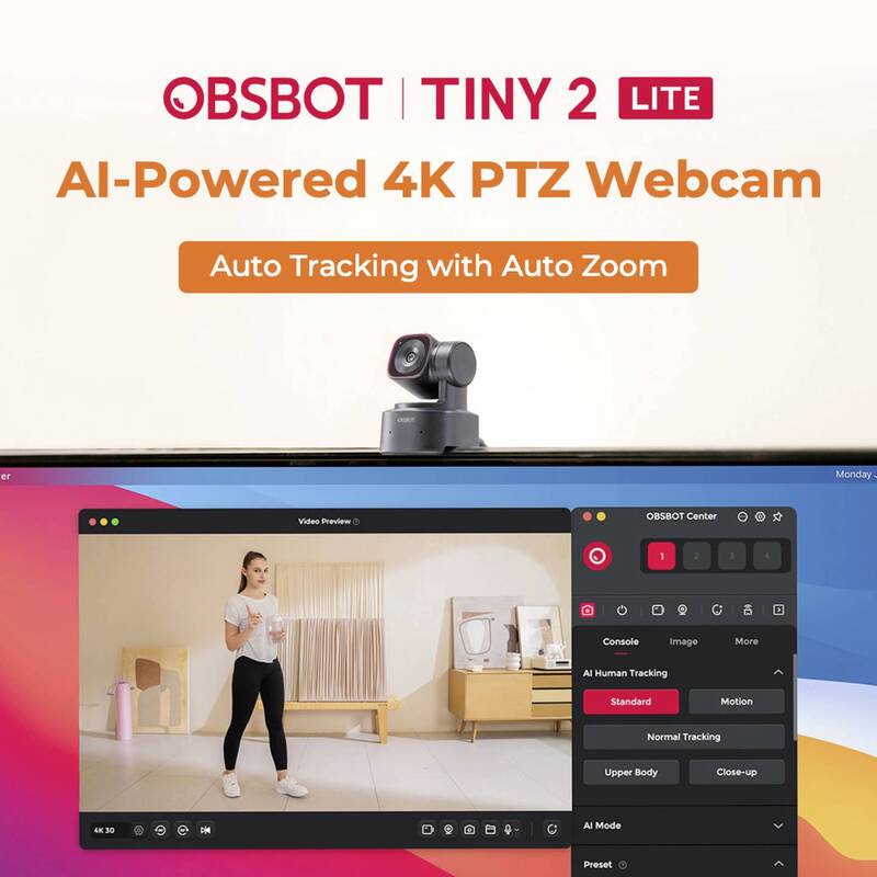 OBSBOT Tiny 2 Lite 4K Webcam mit AI Auto-Tracking und Klemm-Halterung schwarz - 6971889230441