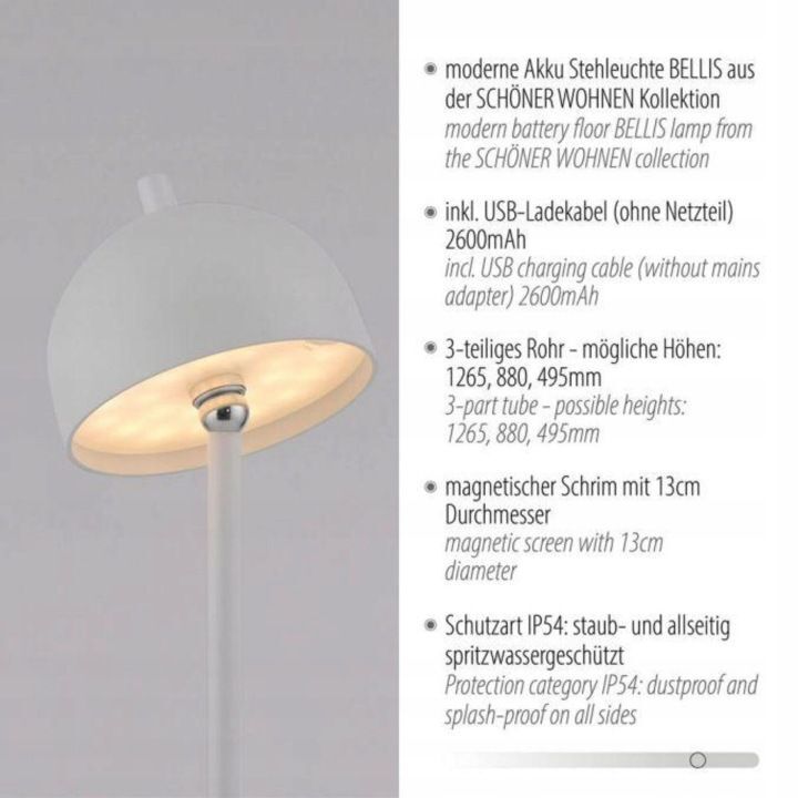 SCHÖNER WOHNEN LED Rechargeable Floor Lamp Bellies, White, IP54 - 4043689018795