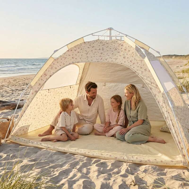 Bieco Strandzelt Vintage Flowers UV-beständig Familienzelt mit Sichtfenster 3x3m - 4005544206303