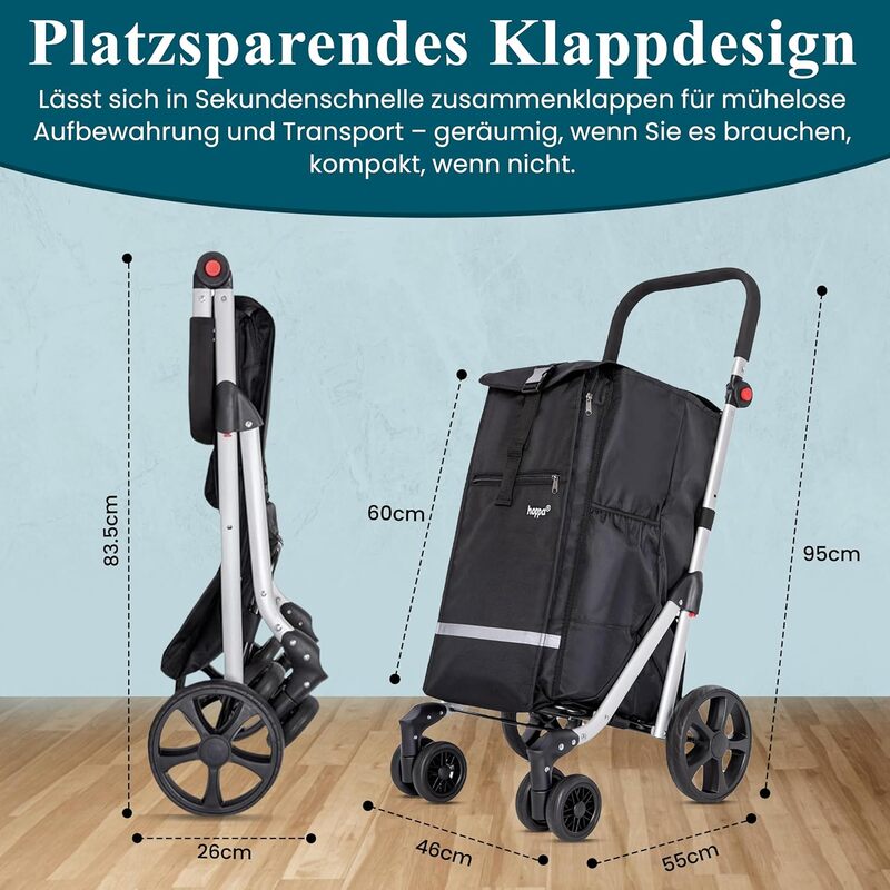 Hoppa Einkaufstrolley Einkaufswagen Trolley Schwarz Faltbar 74L 6 Räder 5 Tasche - 5038230168479