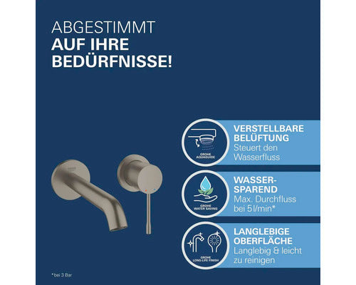 GROHE Essence 2-Loch-WT-Wandbatt Waschtischarmatur 183mm hard graphite gebürstet - 4005176426193