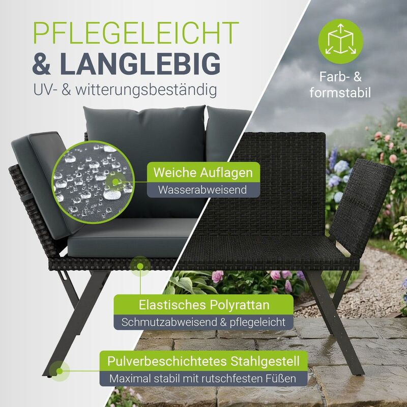 Polyrattan Gartenbank Calvia schwarz grau creme mit Liegefunktion für 2-3 - 4262437187488