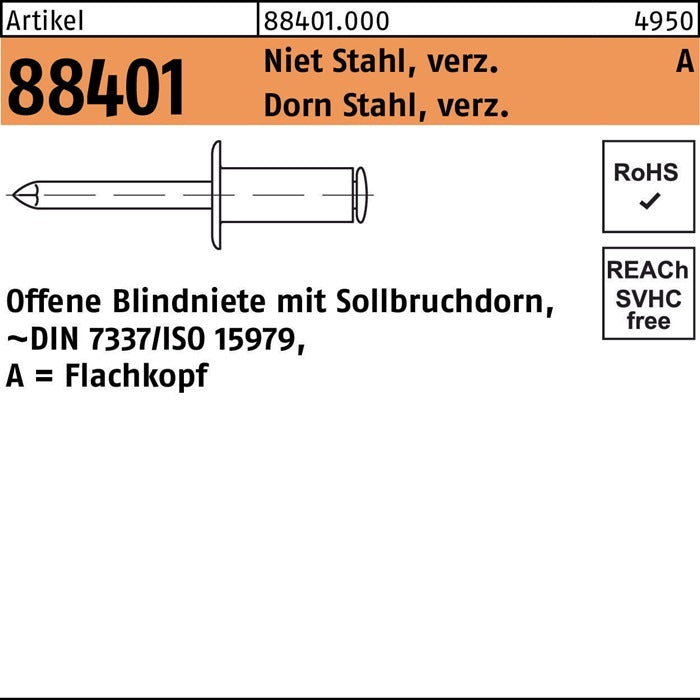 Reyher Blindniete Niet Flachkopf 6x12 Stahl verzinkt Dorn Stahl verzinkt 500 Stk - 4043952677193
