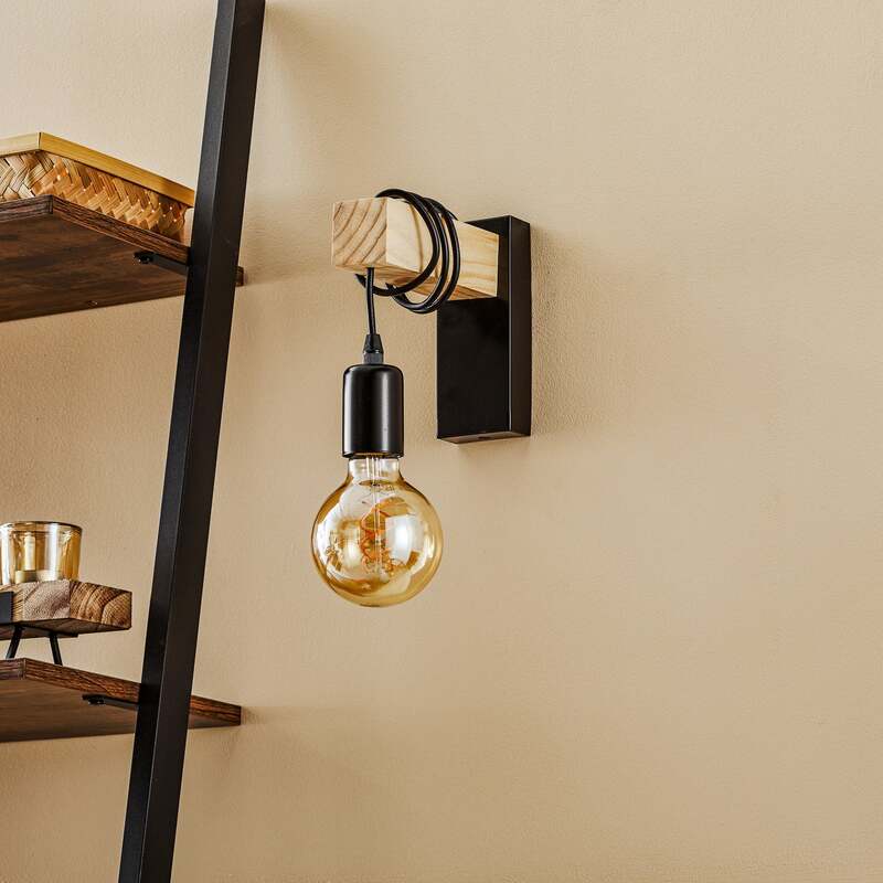Eglo Wandleuchte Townshend LED Wandlampe dimmbar schwarz creme Holz 6,5x21,5cm - 9002759435141