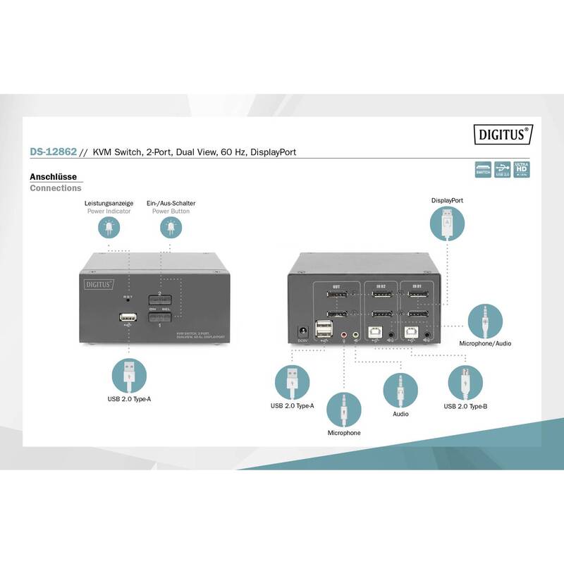 Digitus DS-12862 KVM-Umschalter Switch DisplayPort 2 Port 3840 x 2160 Pixel - 4016032478133