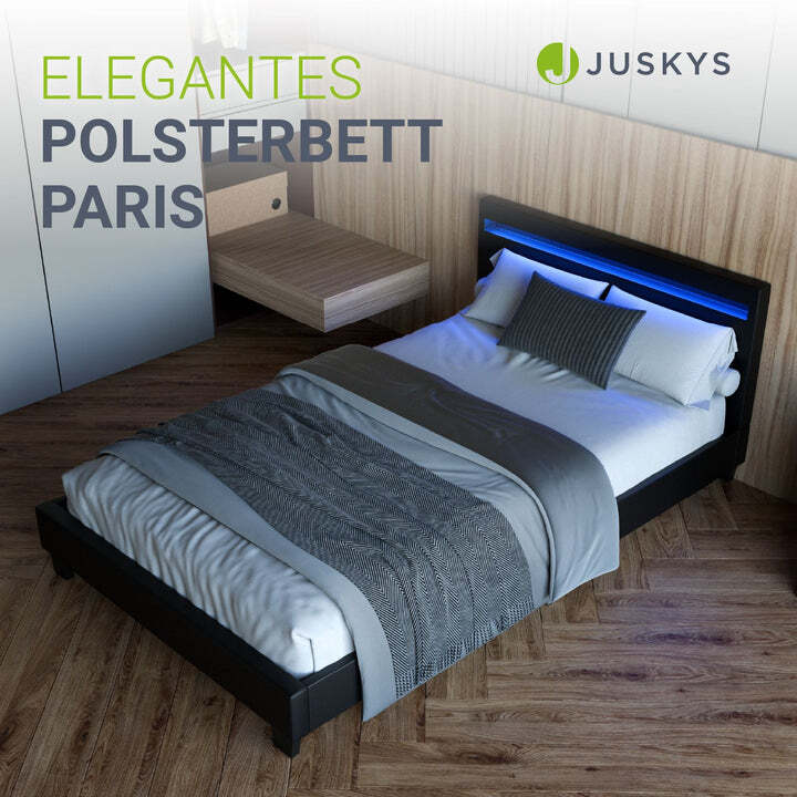 Polsterbett Paris Bettgestell 120x200 cm LED-Beleuchtung und Lattenrost schwarz - 4260565522065