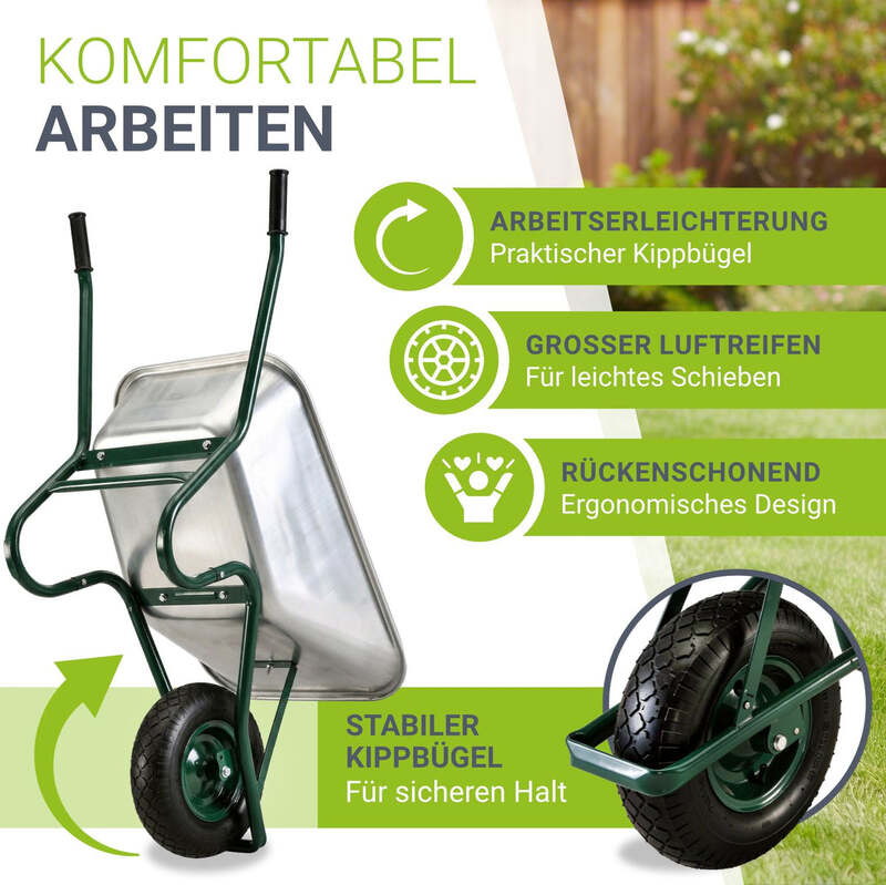 Schubkarre Garten 100l Transporthilfe bis 250kg Luftreifen und Handschuhe Silber - 4260565522492