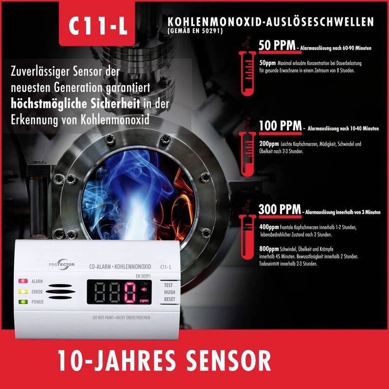 Protector C11-L Kohlenmonoxid-Melder Warnmelder Kohlenmonoxid batteriebetrieben - 4260070560156