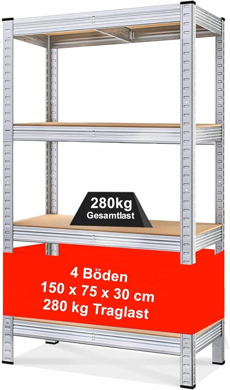 Izzy 1 Regal Metall Schwerlastregal 4 Böden 150x75x30 cm 280 kg Tragkraft - 4047385850079