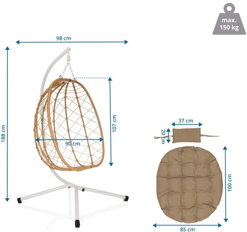 hjh LIVING COCOVA Hängesessel weiß/beige mit Kissen UV-beständig 98x114x188 cm - 4064323107125