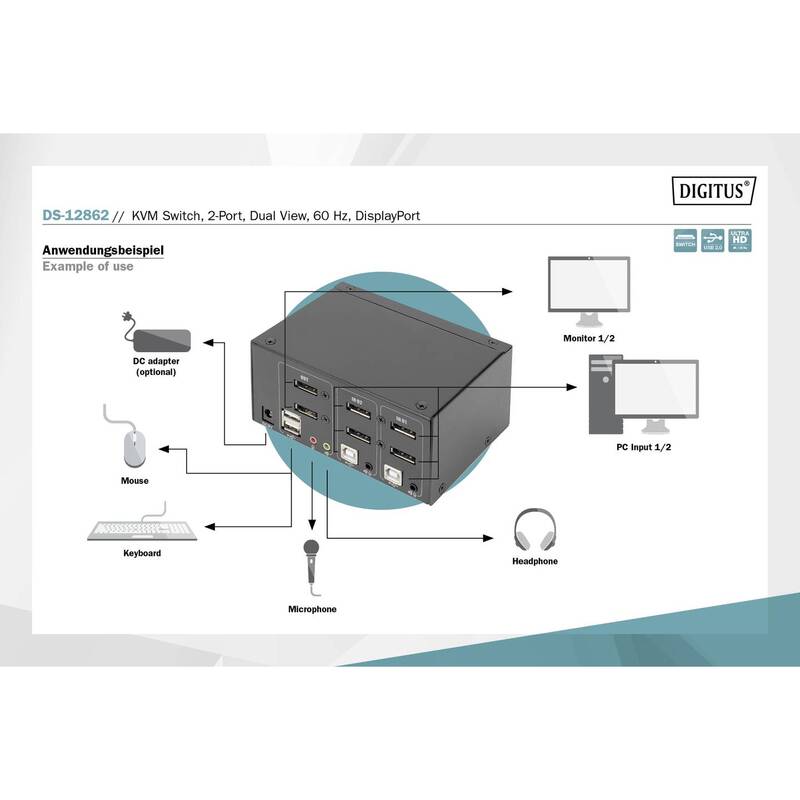 Digitus DS-12862 KVM-Umschalter Switch DisplayPort 2 Port 3840 x 2160 Pixel - 4016032478133