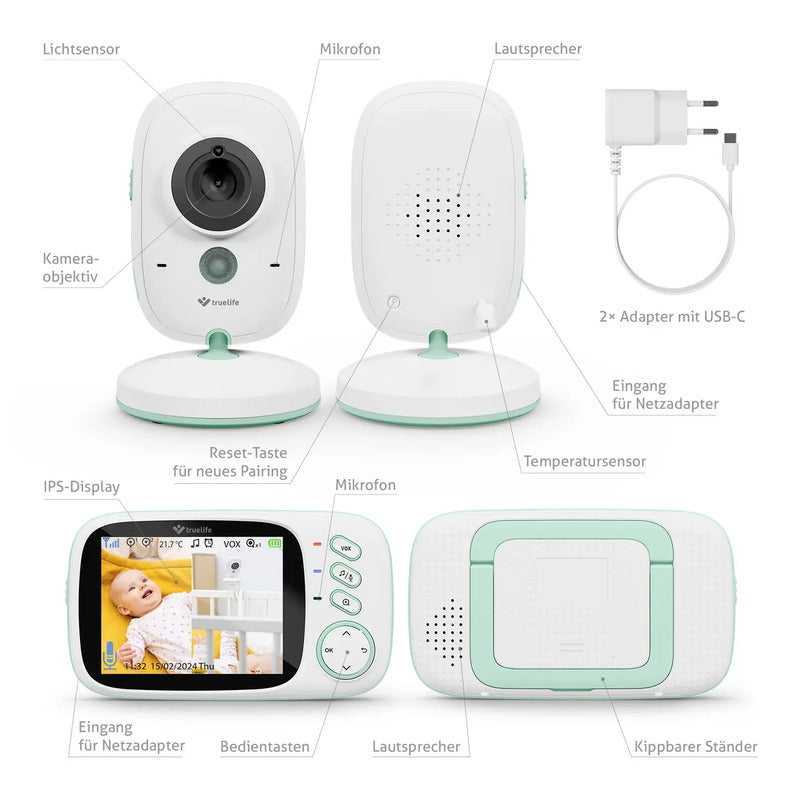 truelife Babyphone NannyCam H32 Pro Monitor mit Kamera Digital 2.4 GHz 300m - 8595724900535