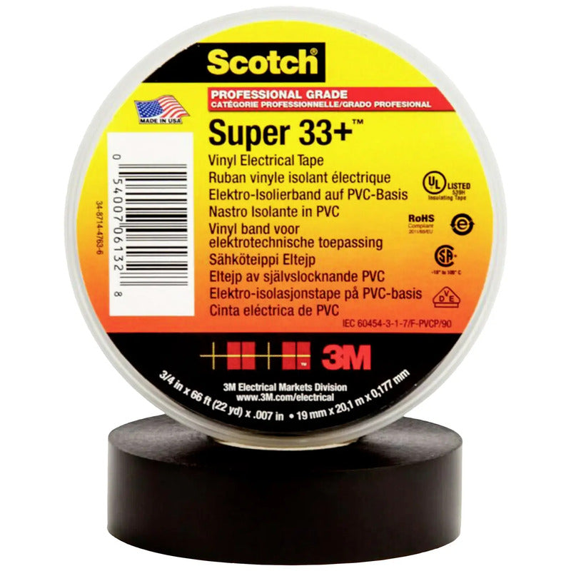 3M Isolierband SUPER33+ 20m x 19mm PVC schwarz Gummi-Harz 600V 1 Rolle - 0054007061328