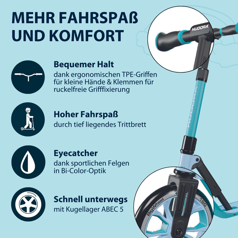 HUDORA BigWheel 180 Advanced Junior Scooter für Kinder ab 3 Jahren, hellblau - 4005998142219