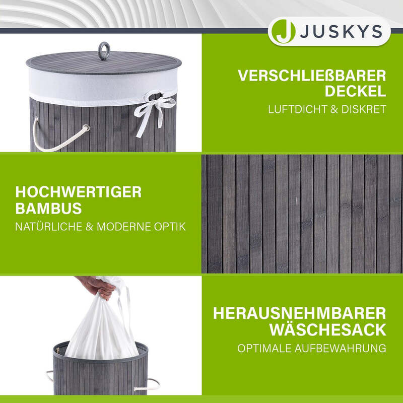 Bambus Wäschekorb Curly-Round 55l Wäschekorb mit Deckel und Tragegriff grau weiß - 4260565524434