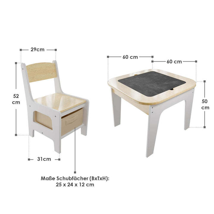 Kinderspieltisch Milou mit zwei Stühlen Stauraum und Schubfächern aus Holz natur - 4262437182803