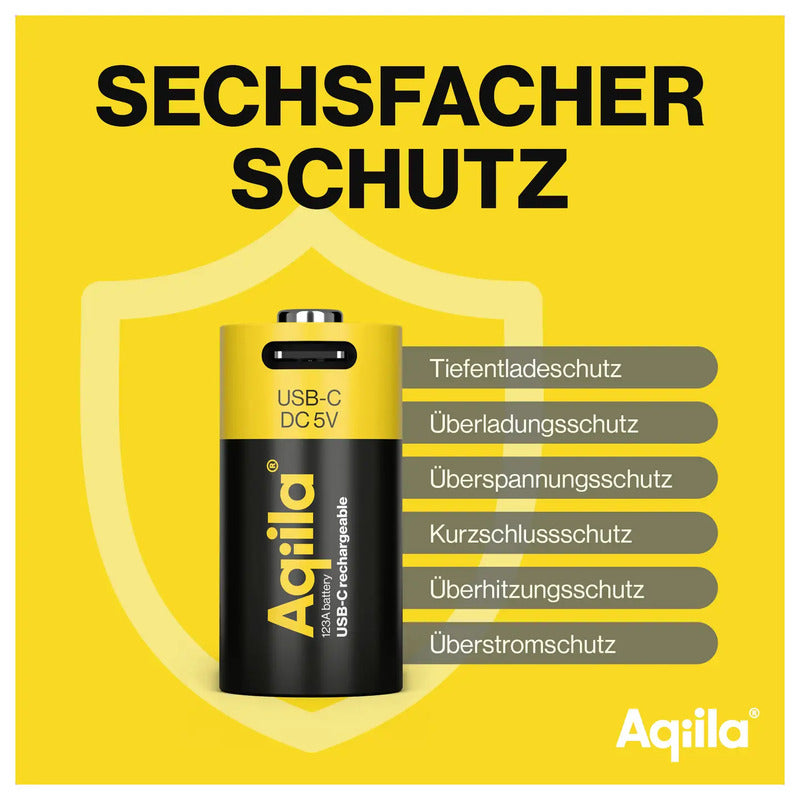 Aqiila Akku CR123A Li-Ion 3V 750mAh wiederaufladbar 2er Set mit Schutzschaltung - 8716778936381