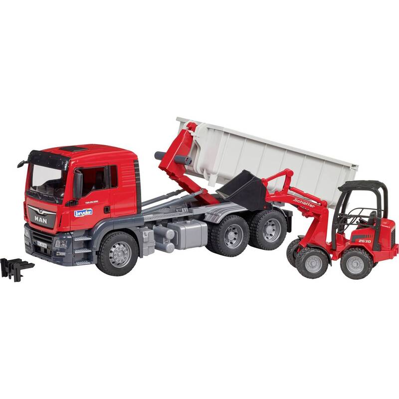 Bruder LKW Modell MAN TGS Abrollcontainer Schäffer Hoflader Spielzeug 1:16 - 4001702037673