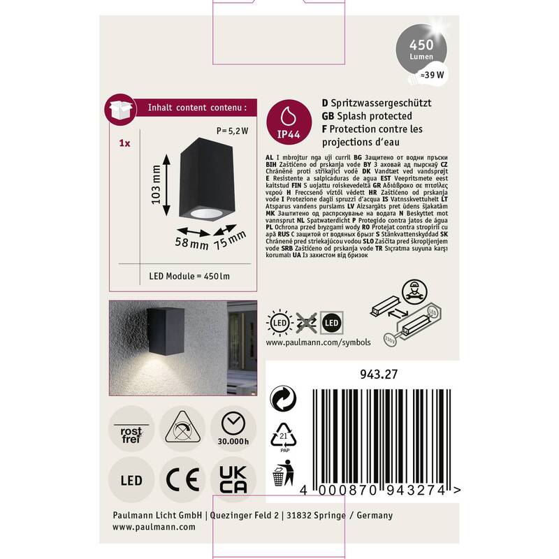 Paulmann Flame AußenWandleuchte Gartenleuchte Terrassenlampe 1fl 10,3cm anthrazi - 4000870943274