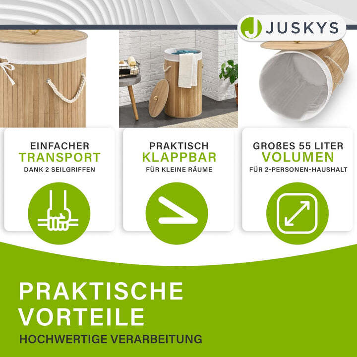 Bambus Wäschekorb Curly-Round 55l Wäschekorb mit Deckel und Stoff-Wäschesack - 4260565522751