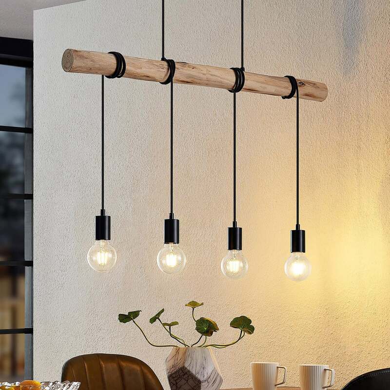 Lindby Hängeleuchte Ferris 4-flammig LED Pendelleuchte Lampe Holz schwarz 90cm - 4251911744507