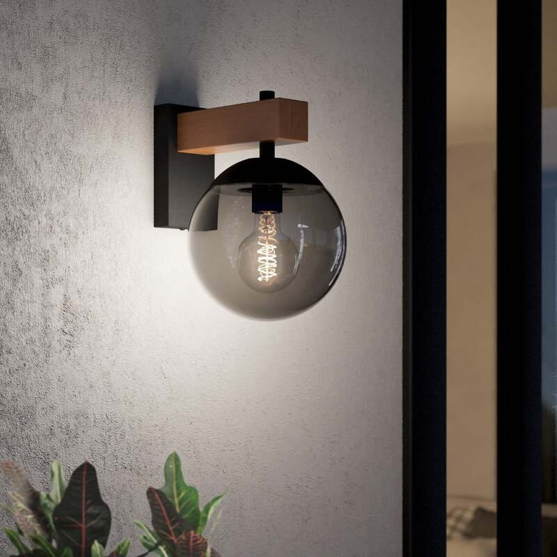 EGLO Außenwandleuchte Bufalata Wandleuchte Wandlampe E27 schwarz Holz Glas rauch - 9008606261765