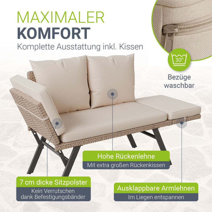 Polyrattan Gartenbank Calvia Creme Sand Liegefunktion 2-3 Personen Multifunktion - 4262437187501