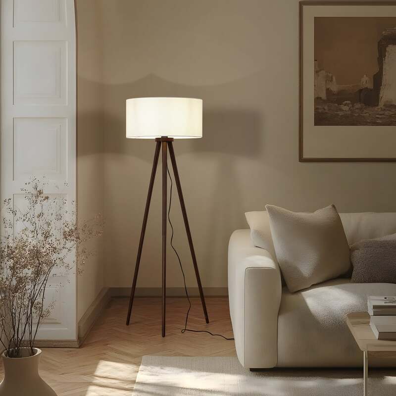 Lindby Stehleuchte Charlia 150 cm weiß Walnussholz E27 15 W mit Schalter - 4255830903090