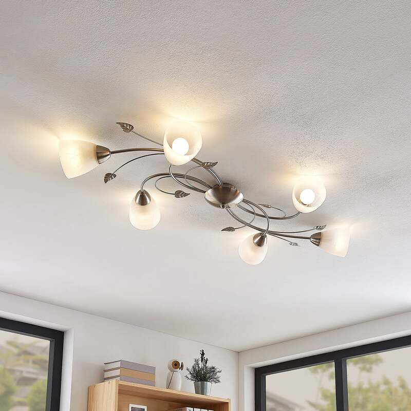 Lindby Deckenlampe Yannie LED Leuchte 6-flg dimmbar nickel weiß 106x58,5cm - 4251096565355
