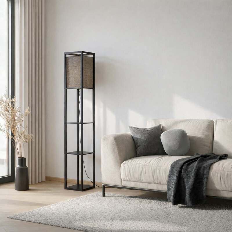 Lindby Stehleuchte Birta schwarz Regal Holz Lampe 159cm E27 15W LED Leuchte - 4251911772807