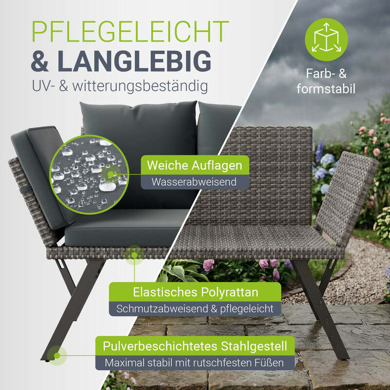 Polyrattan Multifunktionsbank Calvia Gartenbank Liegefunktion grau 171x62x84 cm - 4262437187495