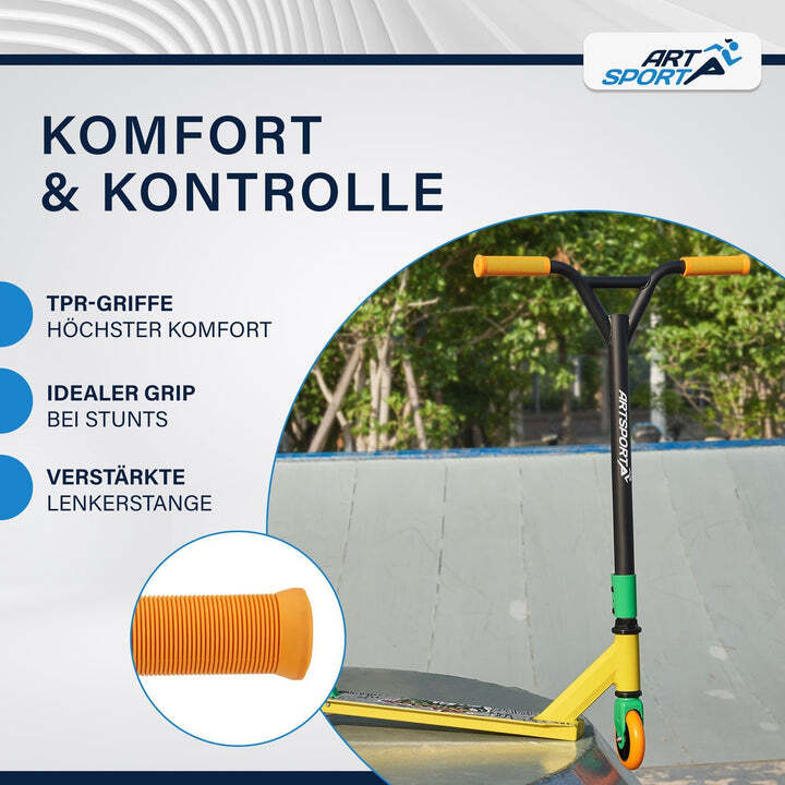 Stunt Scooter Kinder 360° Lenker Roller 100 mm Rollen Skatepark Grün Orange - 4260565526384