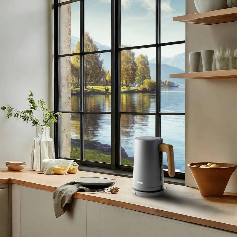DOMO Wasserkocher Teekocher 1,7l 2200W Kocher mit Sichtfenster grau Holzoptik - 5411397164995