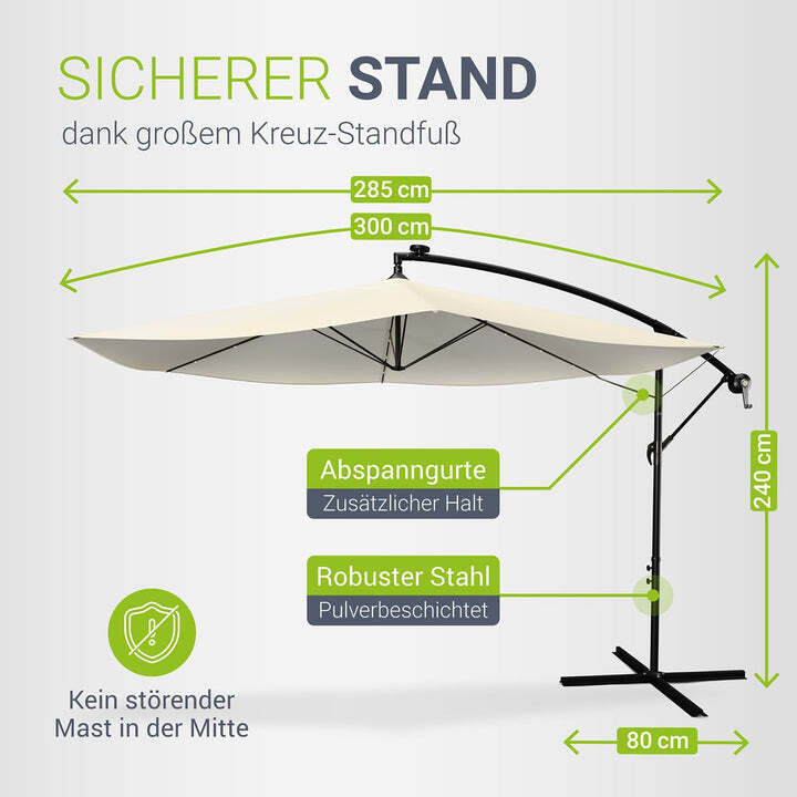 Ampelschirm Brazil Sonnenschirm 3 m LED Beleuchtung Kurbel und Standfuß Creme - 4260565521389