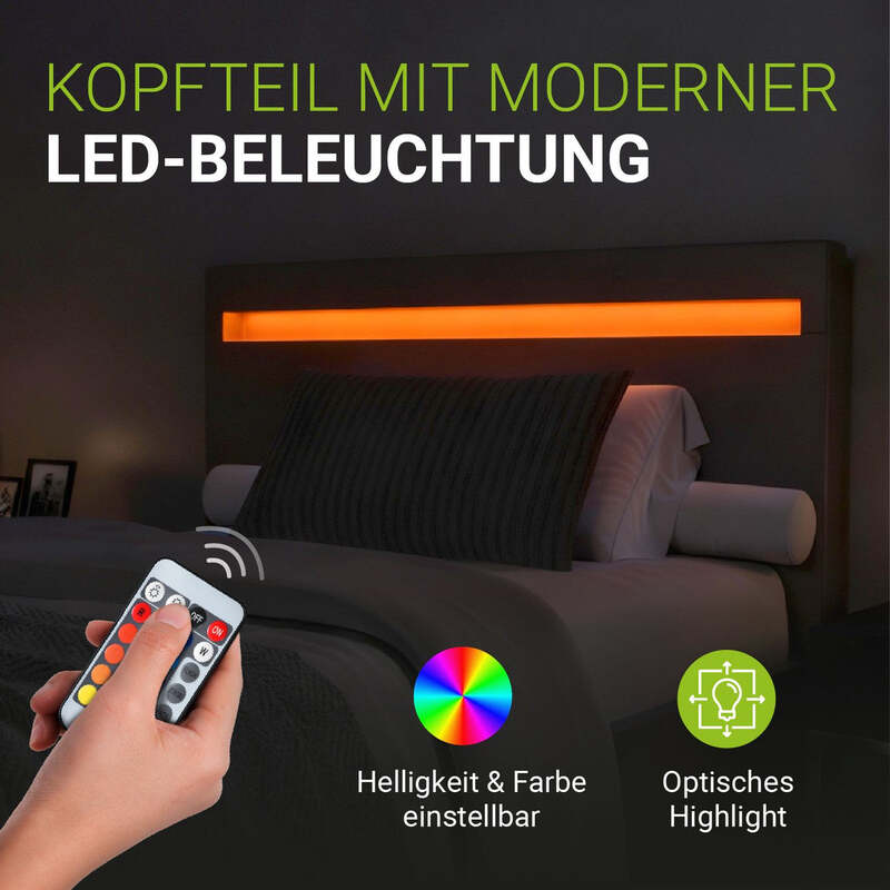 Polsterbett Paris Bettgestell 120x200 cm LED-Beleuchtung und Lattenrost schwarz - 4260565522065