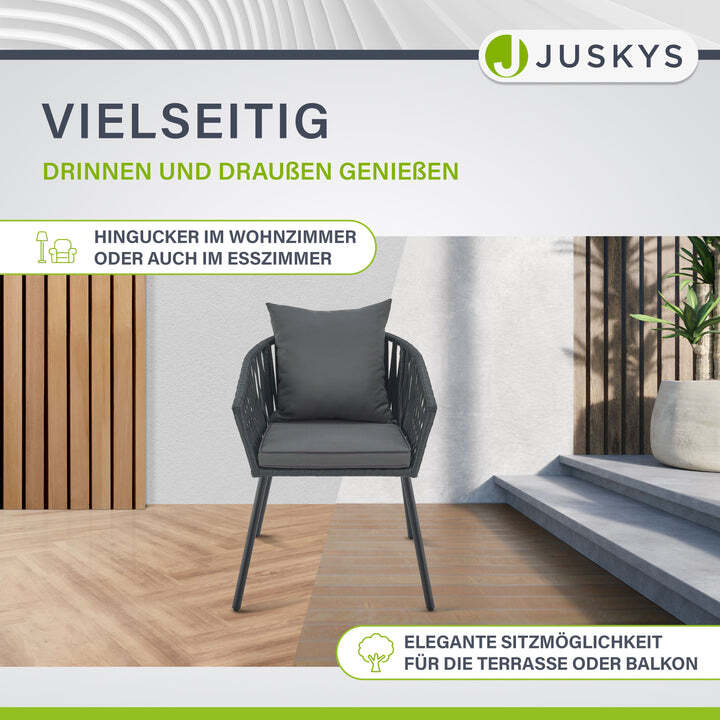 Gartenstuhl Rope 2er Set Stuhl mit Seilgeflecht und Kissen dunkelgrau schwarz - 4262437184661