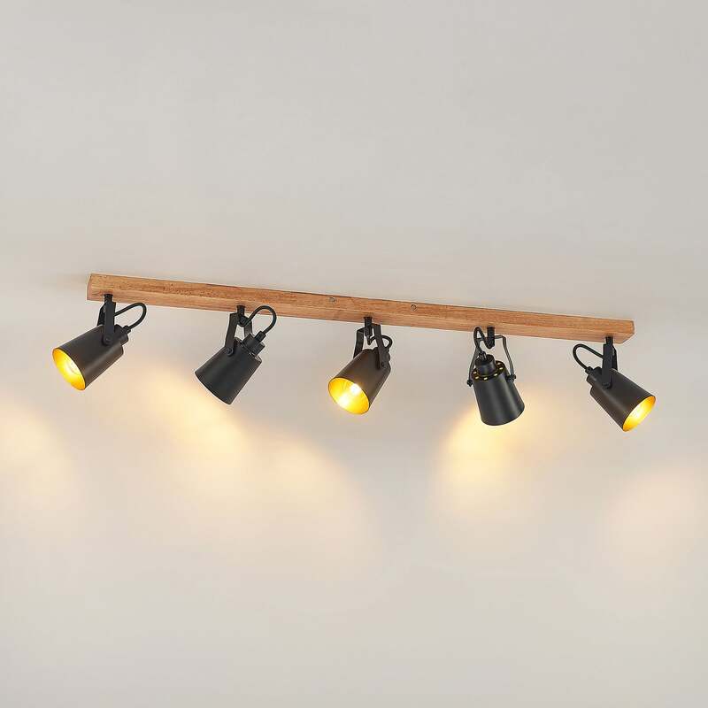 Lindby Deckenstrahler Kimban 5-flg 106 cm Holz Metall dimmbar schwarz/gold - 4251911706802