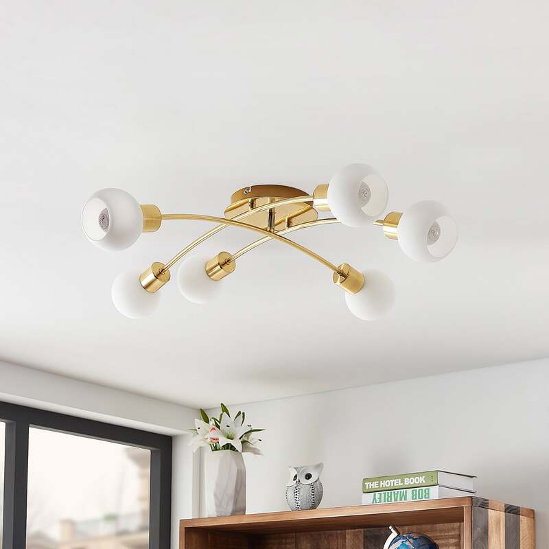 Lindby Deckenleuchte Agmar LED Lampe dimmbar 6-flg messingfarben Glas 80x72cm - 4251096581386