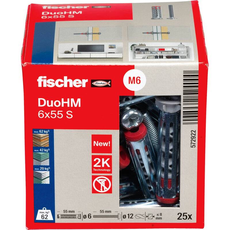 Fischer Hohlraumdübel DuoHM 6x55mm Kunststoffdübel 25 Stück für Gipsbauplatten - 4048962524000