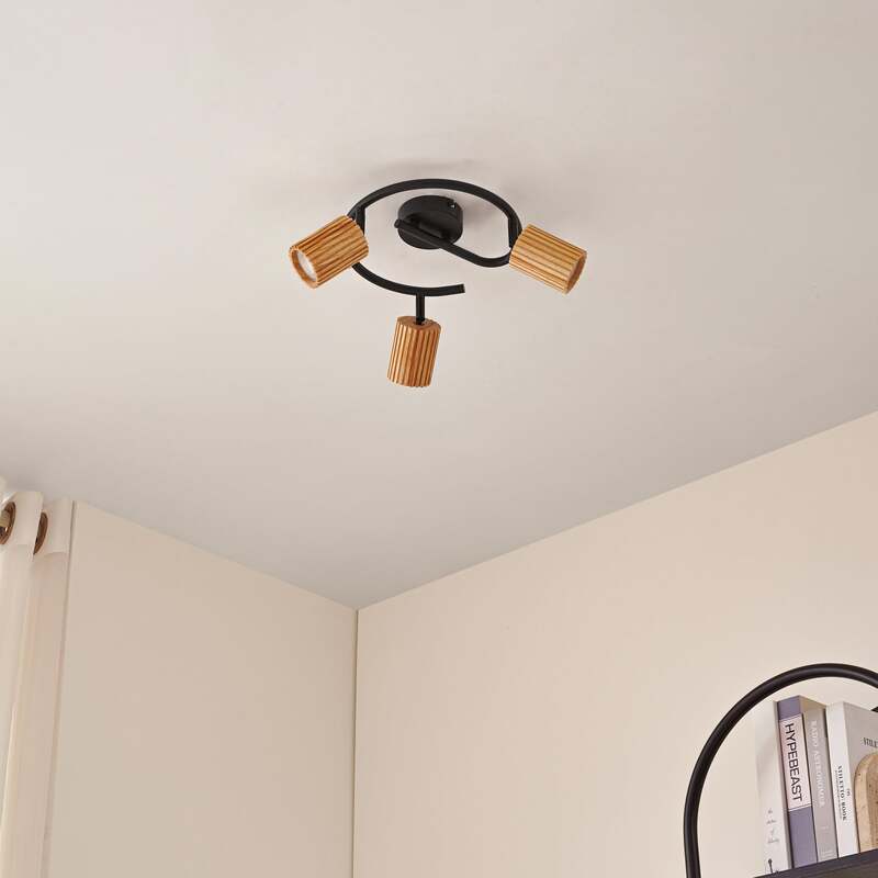 Lindby Deckenstrahler Spot Strahler Holz schwarz Eisen Stralino 3 flammig GU10 - 4255830903809