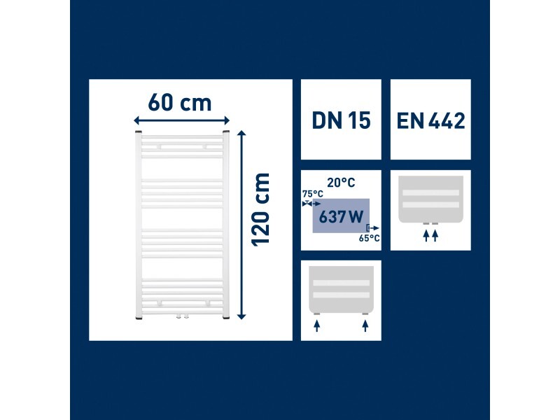 Wasserführender Heizkörper 637W 60x120cm Handtuchheizkörper weiß 2in1-Anschluss - 4007871196425
