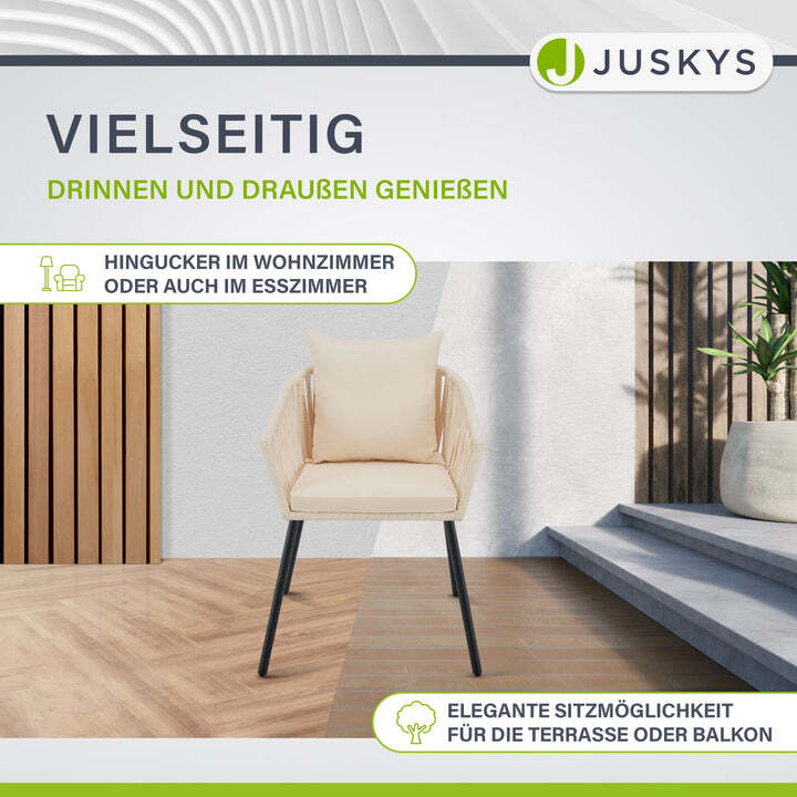 Gartenstuhl 2er Set Rope Stuhl Beige mit Seilgeflecht und Kissen Terrasse Balkon - 4262437184685