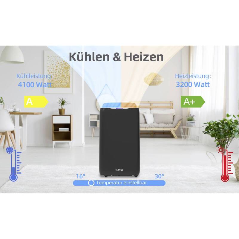 Be Cool Monoblock-Klimagerät 14000 BTU Heizgerät Kühlen Heizen schwarz 120m³ - 9005151005639