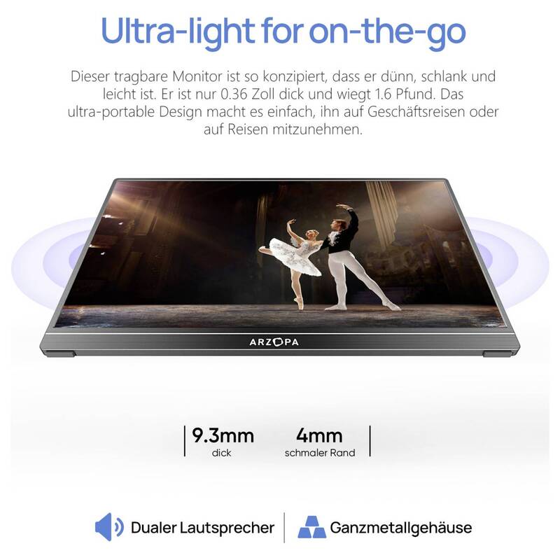 Arzopa Portabler Monitor 15,6 Zoll Full HD 1920x1080 IPS HDMI USB-C schwarz 660g - 6975114120590