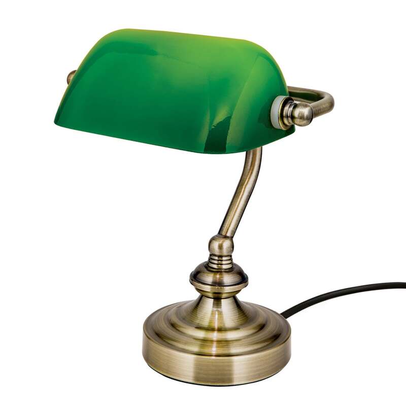 Zora Banker-Tischleuchte grün Glasschirm messing E14 40W mit Schalter 19x23cm - 9003090255405