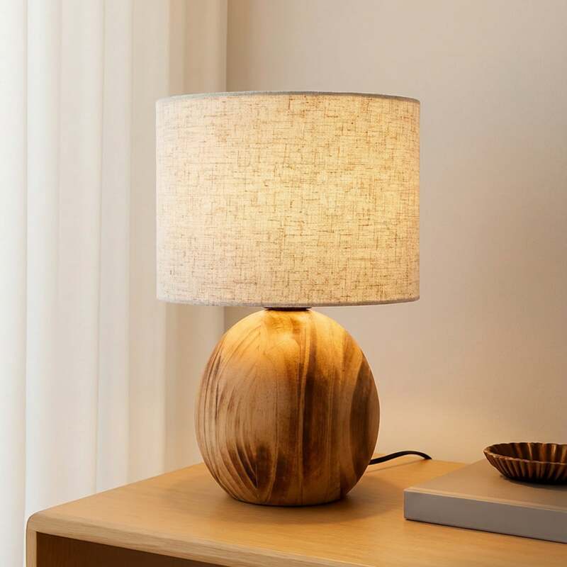 Lindby Tischleuchte Mayumi LED Lampe Leuchte Holz Textil E27 31cm hellgrau - 4251911798524