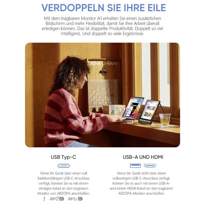 Arzopa Portabler Monitor 15,6 Zoll Full HD 1920x1080 IPS HDMI USB-C schwarz 660g - 6975114120590