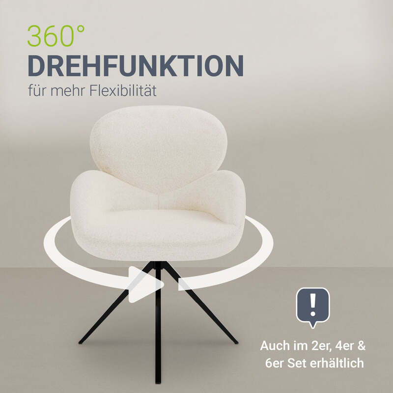 Drehstuhl Albano Esszimmerstuhl Bouclé Stoff Creme Drehfunktion 90cm hoch 59cm - 4262437184722