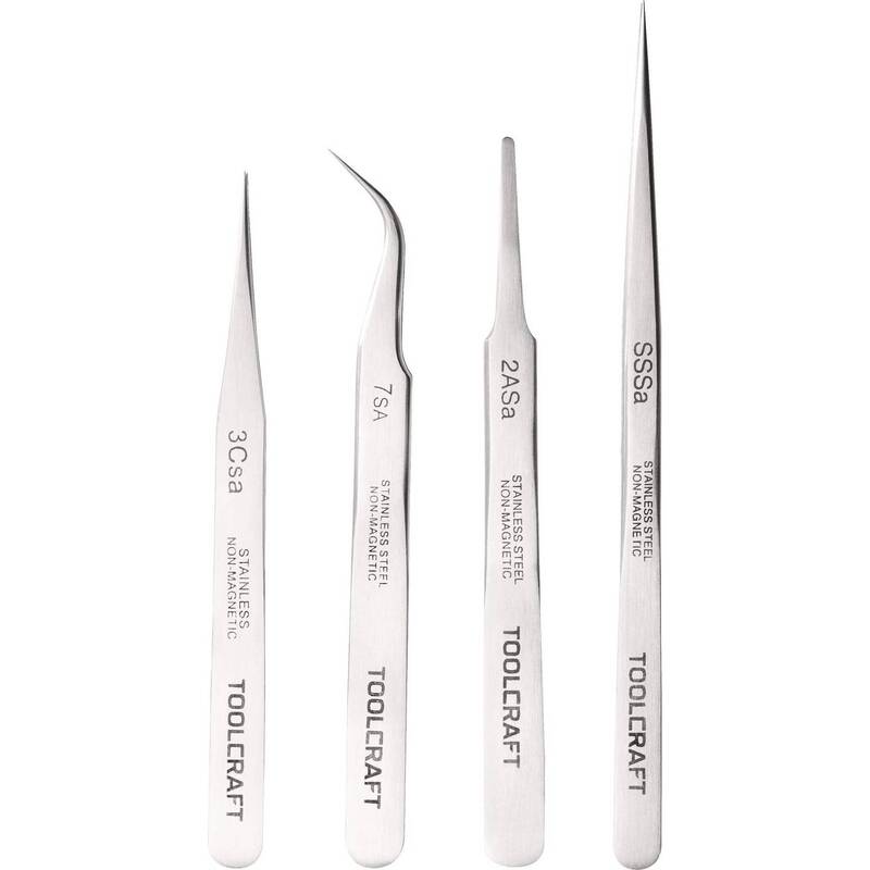 TOOLCRAFT Pinzette Edelstahl Set 4teilig Flach-rund Sichelspitze gebogen 55° - 4016138578867