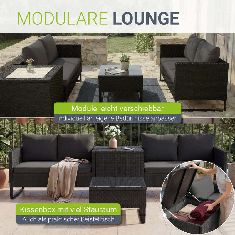 Gartenlounge Santorini 4 Personen modulare Polsterlounge Polyrattan Schwarz - 4262437180298